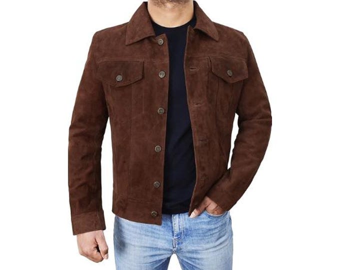 Vintage Trucker Leather Suede Jacket Men - Denim Handmade Biker Shirts, Café Racer Jacket Western Cowboy Jacket, Motorcycle Collar Shirts