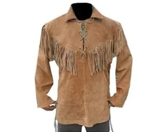 Men's Brown Western Cowboy Suede Leather Shirt | Native American Shirts with Fringes & Beads Vintage Lace-Up Pullover Shirt
