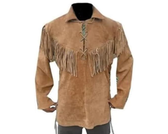 Men's Brown Western Cowboy Suede Leather Shirt | Native American Shirts with Fringes & Beads Vintage Lace-Up Pullover Shirt