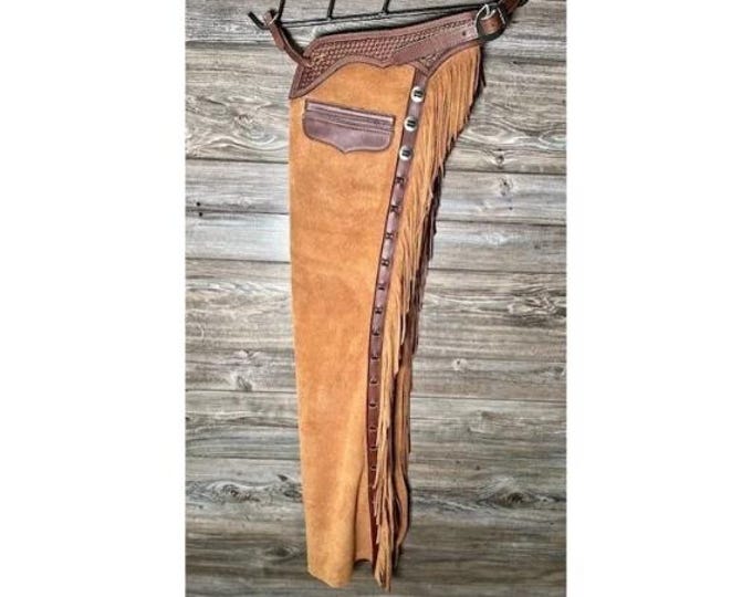Brown Men Western Suede Leather Chaps Pant - Handmade Native American Legside Cowboy Fringe Chap, Buckskin Beaded Horse Mountain Rider Chaps