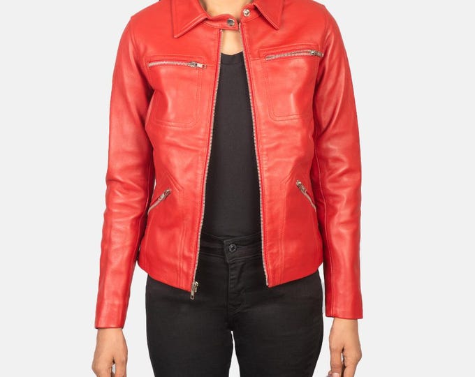 Red Genuine Trucker Leather Jacket women - Handmade Vintage Cafe Racer Biker Jacket, Native American Bomber Motorcycle Jacket - Zipper