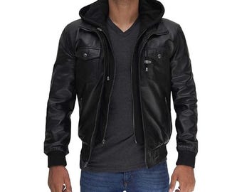Vintage Black 100% Genuine Sheepskin Leather Jacket Men - Hooded Retro Biker Cafe Racer Jacket, Native American Motorcycle Jacket - Zipper