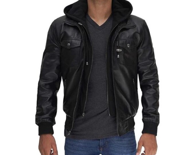 Vintage Black 100% Genuine Sheepskin Leather Jacket Men - Hooded Retro Biker Cafe Racer Jacket, Native American Motorcycle Jacket - Zipper