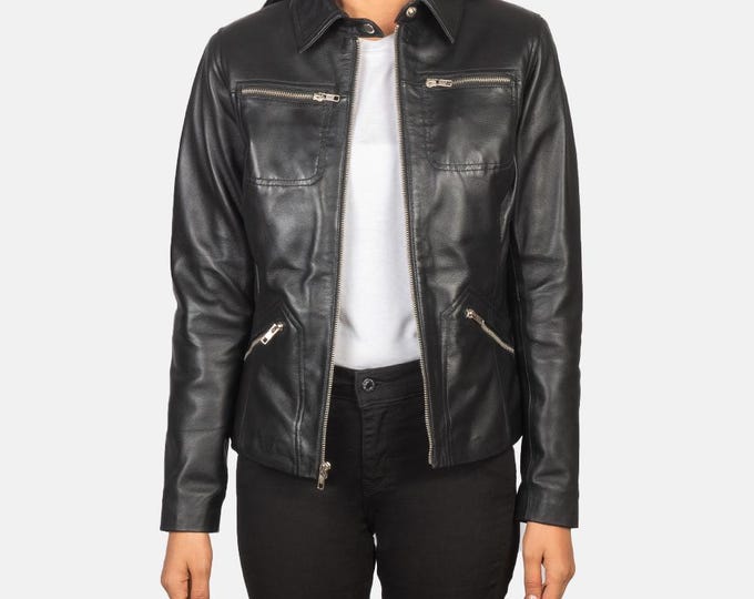 Black Genuine Trucker Leather Jacket women - Handmade Vintage Cafe Racer Biker Jacket, Native American Bomber Motorcycle Jacket - Zipper