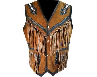 Traditional Brown Men Western Cowhide Leather Vest - Classic Native American Fringe Vest, Vintage Leather Beads Tassel Cowboy Vest Waistcoat