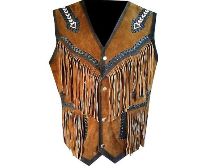 Traditional Brown Men Western Cowhide Leather Vest - Classic Native American Fringe Vest, Vintage Leather Beads Tassel Cowboy Vest Waistcoat