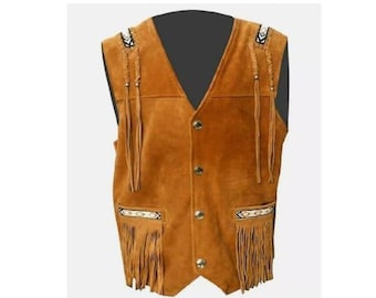 Traditional Men Brown Western Suede Leather Vest - Classic Native American Fringe Vest, Vintage Leather Beaded Tassels Cowboy Vest Waistcoat