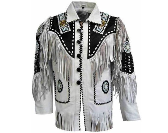 Western White Suede Leather Jacket Men | Buckskin Traditional Native American Cowboy Fringe Jacket Coat with Beaded & Tassels