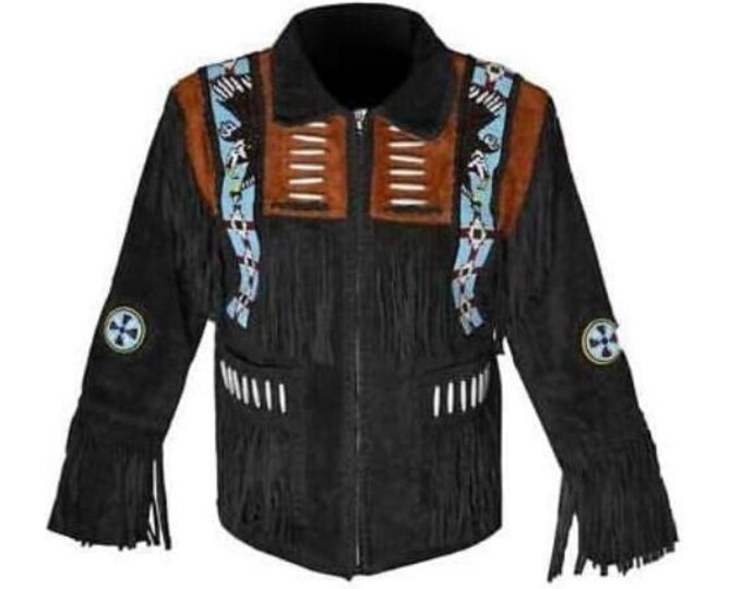 Black Western Suede Leather Jacket Men | Traditional Native American Buckskin Cowboy Fringe Jacket Coat with Zipper, Beaded & Tassels