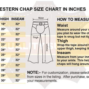 May include: A western chaps size chart in inches, showing waist, thigh, and inseam measurements for sizes XXS to 7XL. The chart also includes instructions on how to measure waist, thigh, and inseam for a proper fit.