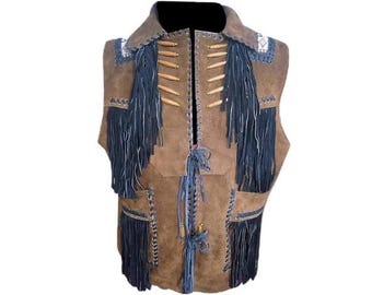 Traditional Men Western Brown & Black Suede Leather Vest - Native American Fringe Vest, Vintage Leather Beaded Tassels Cowboy Vest Waistcoat