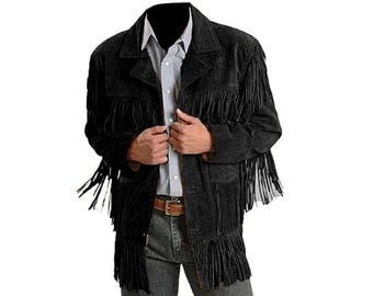 Black Real Western Leather Suede Jacket Men | Traditional Vintage Buckskin Native American Cowboy Fringe Jacket Coat with Button & Tassels