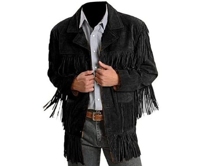 Black Real Western Leather Suede Jacket Men | Traditional Vintage Buckskin Native American Cowboy Fringe Jacket Coat with Button & Tassels