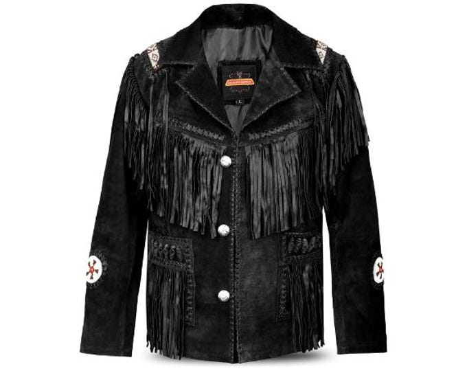 Black Real Western Suede Leather Jacket Men | Traditional Vintage Buckskin Native American Cowboy Fringe Jacket Coat with Beads & Tassels