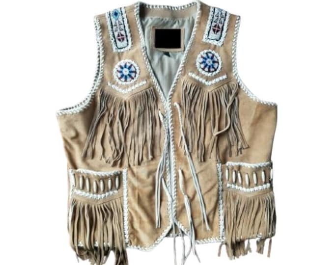 Traditional Men Western Suede Leather Vest - Classic Brown Native American Fringe Vest, Vintage Leather Beaded Tassels Cowboy Vest Waistcoat
