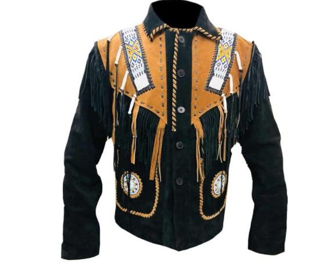 Black Western Leather Suede Jacket Men | Buckskin Traditional Native American Cowboy Fringe Jacket Coat with Beaded & Tassels