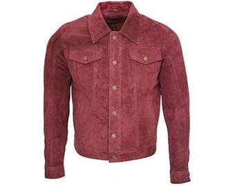 May include: A burgundy suede jacket with a button-up front and two flap pockets. The jacket has a classic denim style.