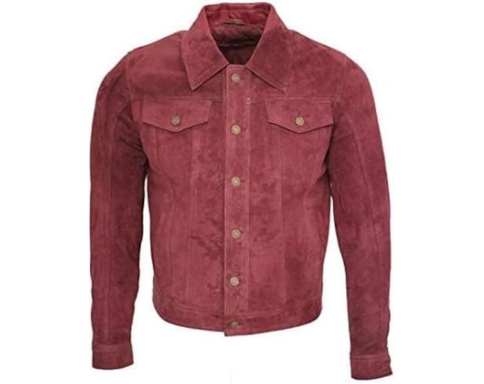 Vintage Trucker Suede Leather Jacket Men - Denim Handmade Biker Shirts, Café Racer Jacket Western Cowboy Jacket, Motorcycle Collar Shirts