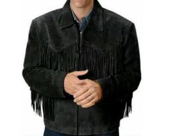 Black Western Suede Leather Jacket Men | Buckskin Traditional Native American Cowboy Fringe Jacket Coat with Zipper & Tassels