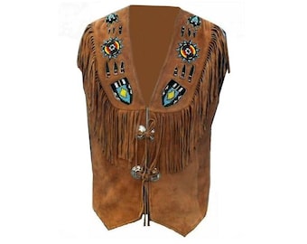 Traditional Men Western Suede Leather Vest - Classic Native American Fringe Vest, Vintage Leather Beaded Tassels Brown Cowboy Vest Waistcoat