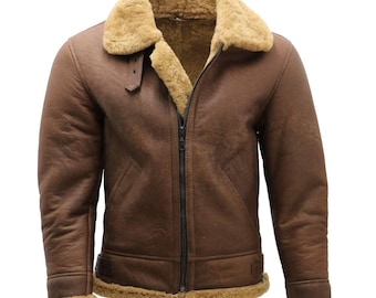 Men's Shearling  Sheepskin Leather Vintage Aviator Coat B3 Bomber Jacket
