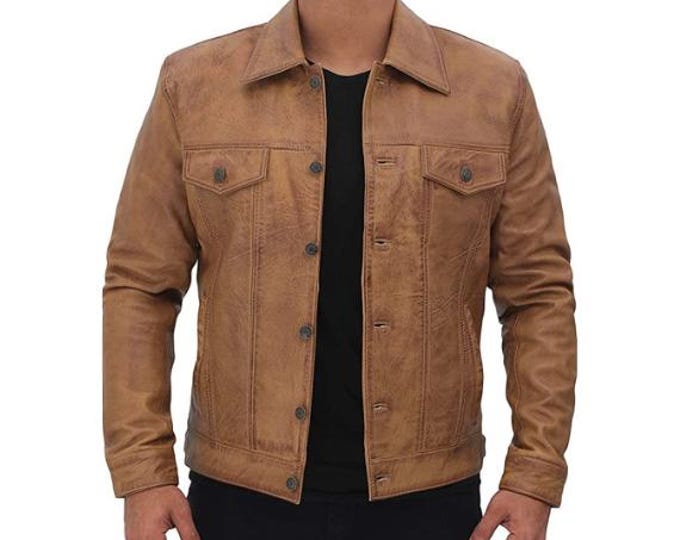 Brown 100% Genuine Sheepskin Distressed Leather Jacket Men - Retro Biker Cafe Racer Jacket, Vintage Native American Motorcycle Jacket Collar
