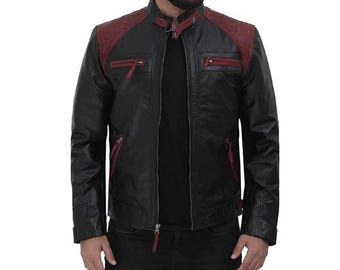 Vintage Red & Black 100% Genuine Leather Jacket Men - Handmade Retro Cafe Racer Biker Jacket, Native American Motorcycle Jacket - Zipper