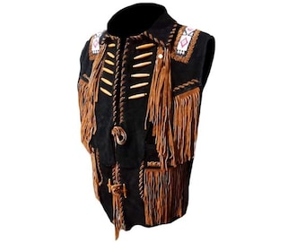 Traditional Men Western Black Suede Leather Vest - Classic Native American Fringe Vest, Vintage Leather Beaded Tassels Cowboy Vest Waistcoat