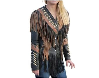 Traditional Cowlady 100% Genuine Western Cowhide Leather Jacket women Cow Lady Classic Native American Tassels Fringe Cowgirl Jacket