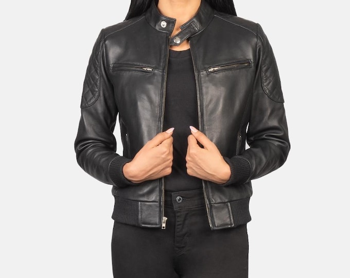Black Genuine Trucker Leather Jacket women - Handmade Vintage Cafe Racer Biker Jacket, Native American Bomber Motorcycle Jacket - Zipper