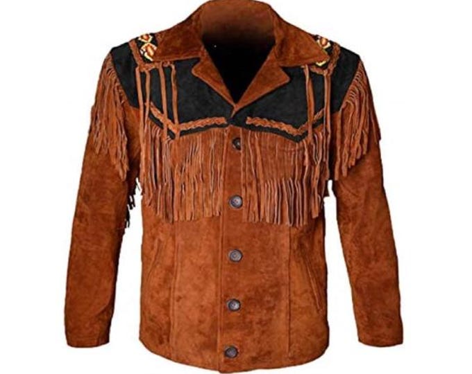 Men Western 100% Real Leather Suede Jacket | Classic Buckskin Traditional Native American Cowboy Fringe Jacket Coat with Beaded & Tassels
