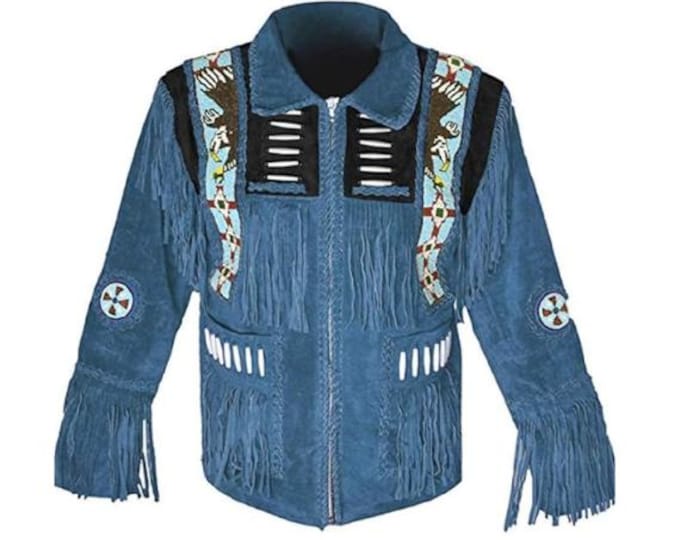 Men Blue Western Suede Leather Jacket | Classic Buckskin Traditional Native American Cowboy Fringe Jacket Coat with Zipper, Beaded & Tassels