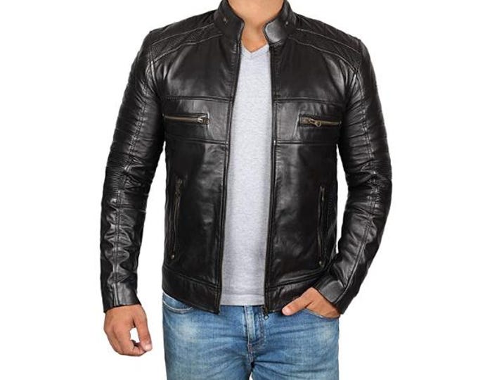Black 100% Genuine Sheepskin Leather Jacket Men - Handmade Vintage Cafe Racer Biker Jacket, Native American Motorcycle Jacket - Zipper