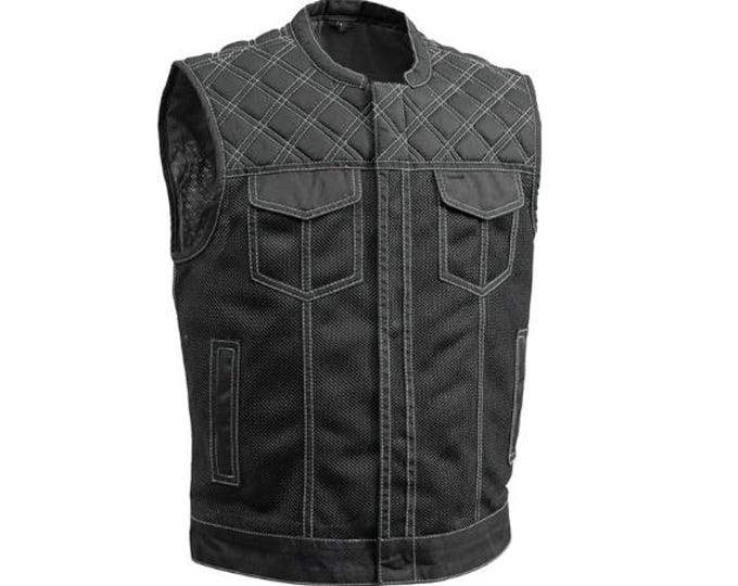 Black Mens Mesh Leather Vest - Classic Native American Biker Vest | Hunt Club Vintage Denim motorcycle vest | Western Cowboy Vest Waistcoat