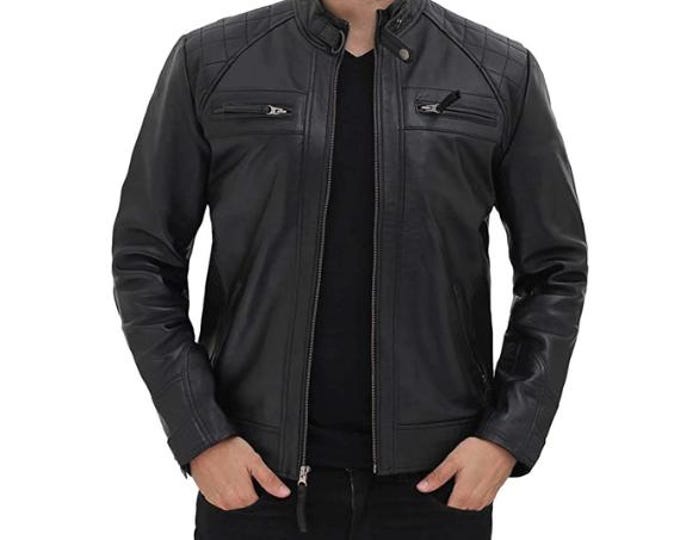Black 100% Genuine Sheepskin Leather Jacket Men - Handmade Vintage Cafe Racer Biker Jacket, Native American Motorcycle Jacket - Zipper
