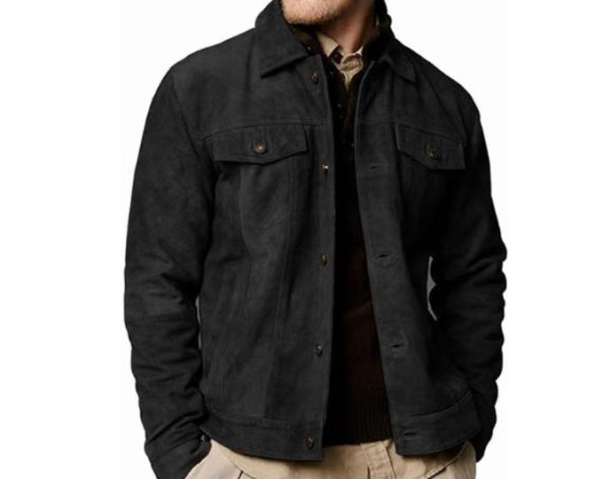 Vintage Trucker Black Leather Suede Jacket Men - Denim Handmade Motorcycle  Shirts, Biker Café Racer Jacket Retro Western Cowboy Jacket