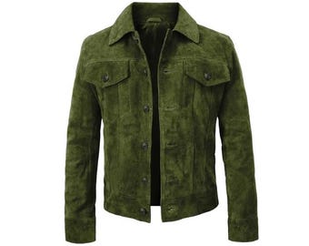 Vintage Trucker Leather Suede Jacket Men - Handmade Denim Motorcycle Biker Shirts, Retro Café Racer Jacket Western Cowboy Jacket with Collar