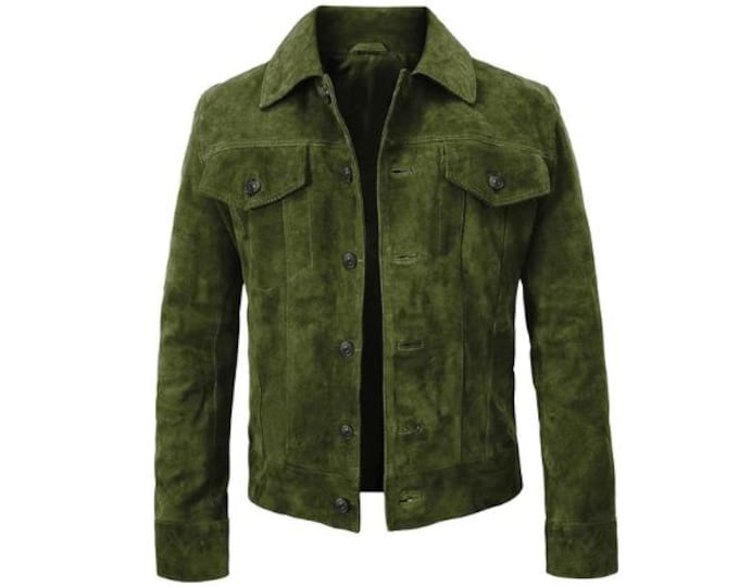 Vintage Trucker Leather Suede Jacket Men - Handmade Denim Motorcycle Biker Shirts, Retro Café Racer Jacket Western Cowboy Jacket with Collar
