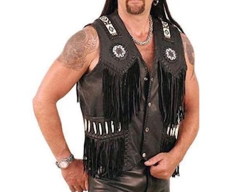 Traditional Black Men Western Cowhide Leather Vest - Classic Native American Fringe Vest, Vintage Leather Beads Tassel Cowboy Vest Waistcoat