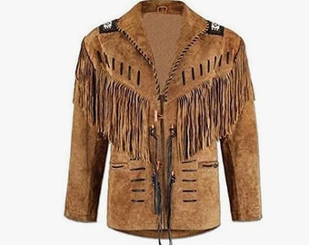 Men's Traditional Western Cowboy Suede Leather Jacket | Classic Native American jacket Hunter Coat with Beaded Fringed