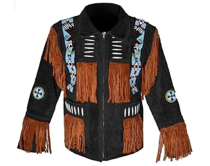 Men Black Western Leather Suede Jacket | Classic Buckskin Traditional Native American Cowboy Fringe Jacket Coat with Zipper Beaded & Tassels