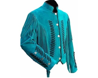 Traditional Western 100% Genuine Suede Leather Jacket Women Cowlady Native American Lady Tassel Beaded & Fringe Cowgirl Jacket