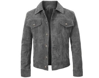 Vintage Real Grey Suede Trucker Leather Jacket Men - Denim Handmade Motorcycle Biker Shirts, Café Racer Jacket Retro Western Cowboy Jacket