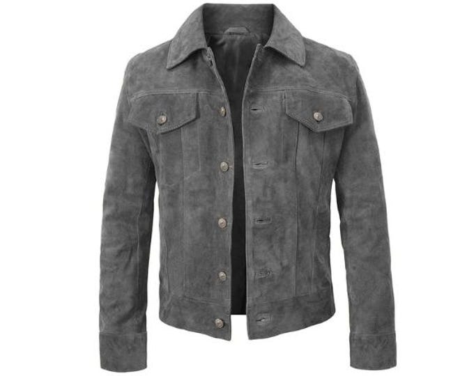 Vintage Real Grey Suede Trucker Leather Jacket Men - Denim Handmade Motorcycle Biker Shirts, Café Racer Jacket Retro Western Cowboy Jacket
