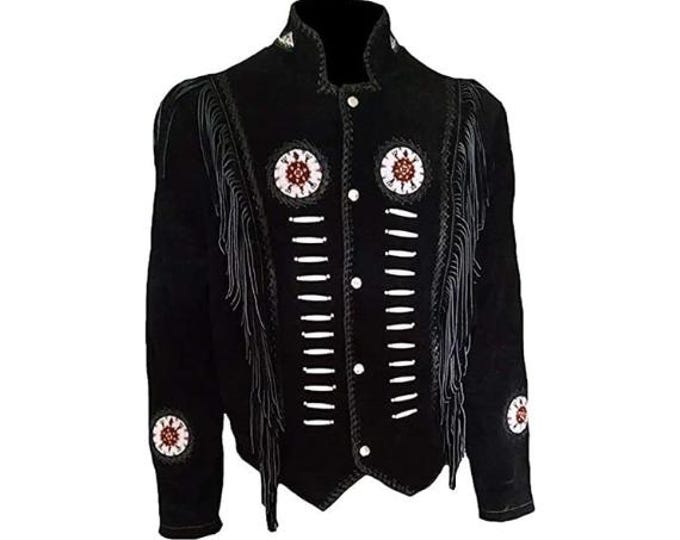 Traditional Western 100% Genuine Black Suede Leather Jacket Women Cowlady Native American Lady Tassels Beaded & Fringe Cowgirl Jacket