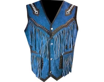 Traditional Blue Men Western Cowhide Leather Vest - Classic Native American Fringe Vest, Vintage Leather Beads Tassel Cowboy Vest Waistcoat