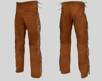 Authentic Men Brown Western Leather Suede Pant Trouser | Native American Legside Cowboy Fringe Pant, Handmade Indian Buckskin Beaded Pant