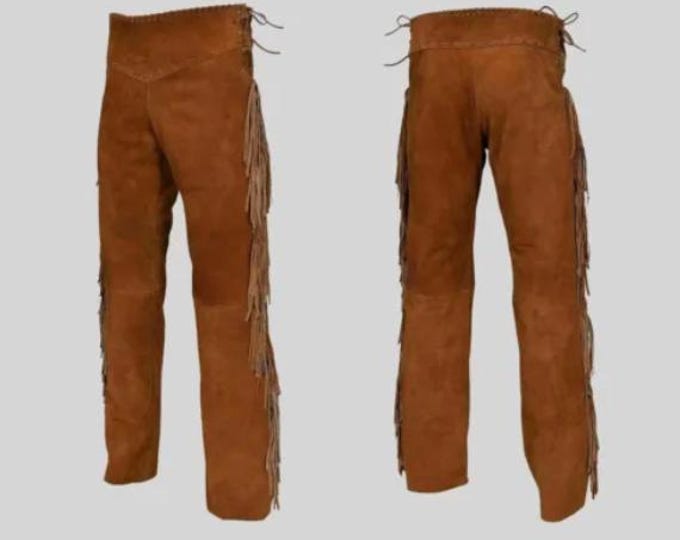Authentic Men Brown Western Leather Suede Pant Trouser | Native American Legside Cowboy Fringe Pant, Handmade Indian Buckskin Beaded Pant