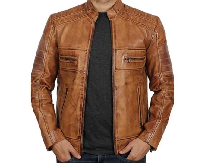Brown 100% Genuine Distressed Leather Jacket Men - Handmade Vintage Cafe Racer Biker Jacket, Native American Motorcycle Jacket - Zipper