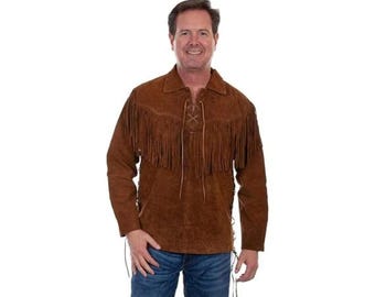 Men's Western Suede Leather Shirt Jacket | Native American Fringes Shirts Jacket | Vintage Lace-Up Pullover Shirts for Men with Tassels